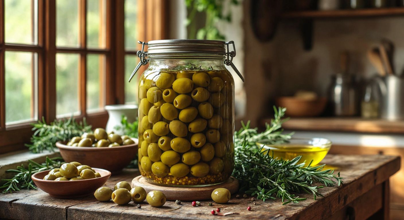 A rustic wooden table in a Turkish kitchen holds a large glass jar filled with vibrant green olives submerged in brine, surrounded by fresh herbs and a bowl of olive oil under soft, warm lighting.