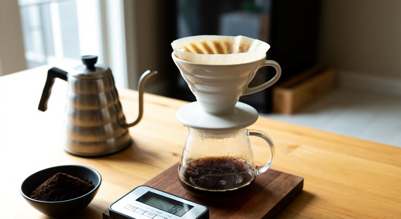 A ceramic V60 dripper sits atop a glass carafe, with a neatly folded paper filter inside, surrounded by freshly ground coffee, a gooseneck kettle, and a small scale on a wooden kitchen counter in a cozy Turkish home.
