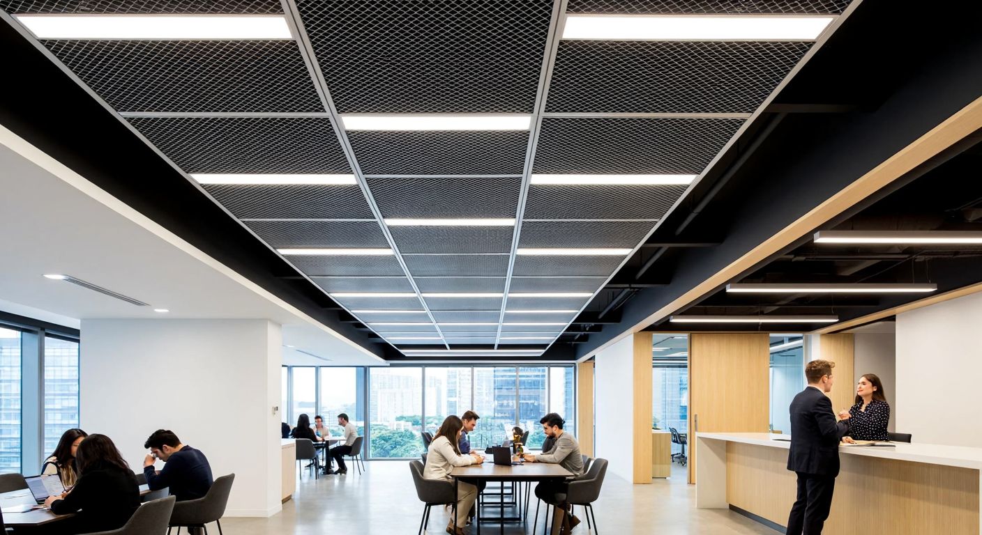 A sleek, modern office space with a high ceiling featuring a geometric aluminum mesh suspended grid, softly diffusing light from hidden fixtures, while workers below engage in collaborative discussions.