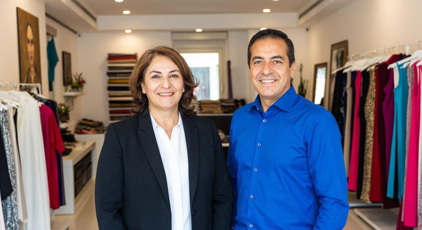 A smiling middle-aged Turkish couple, Gülay and Mutlu Aybars, standing proudly in their boutique filled with colorful fabrics and elegant clothing, exuding warmth and entrepreneurial spirit.