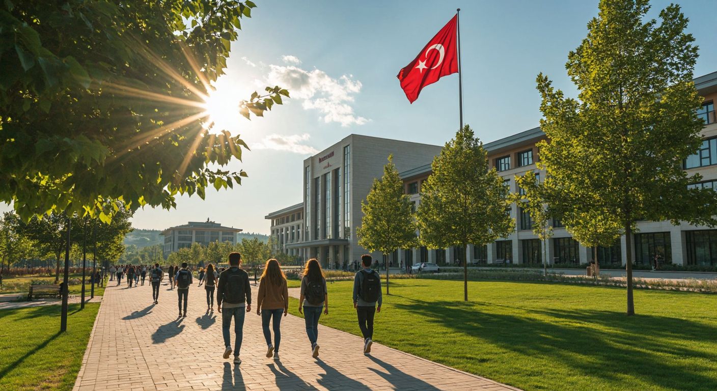 A modern university campus in Tekirdağ with students walking under a bright sun, surrounded by green trees and a grand academic building with a Turkish flag waving gently in the background.