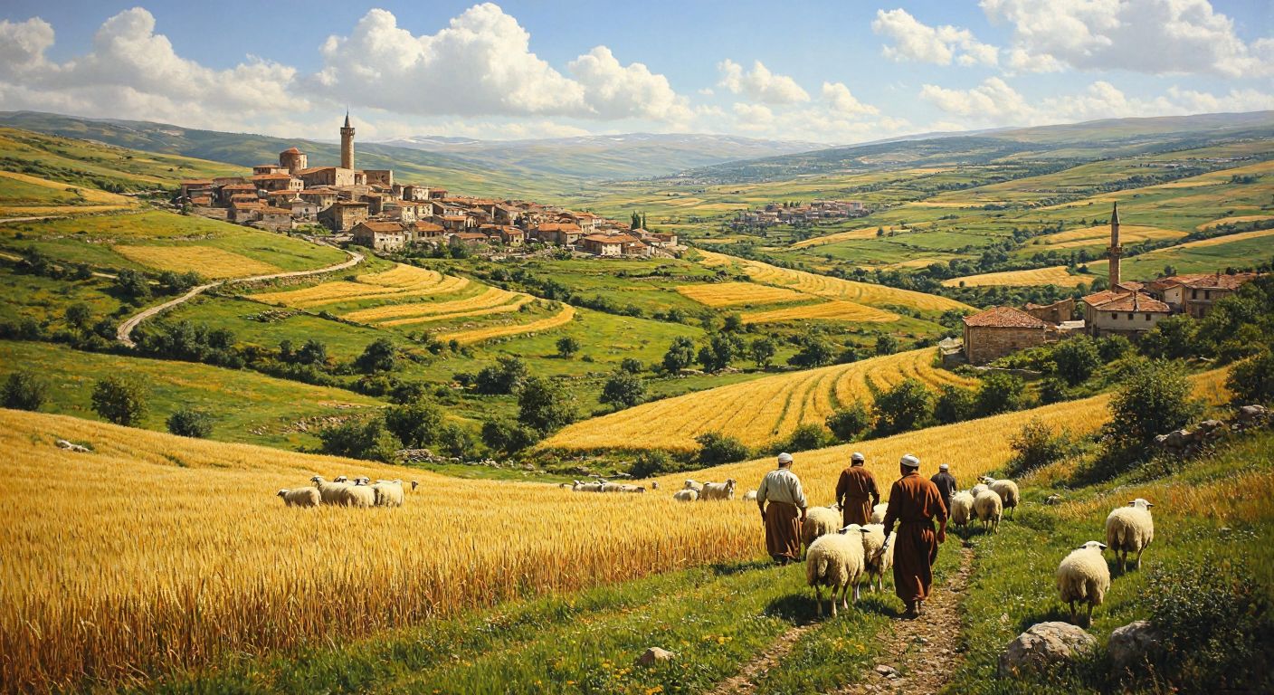 A sunlit rural landscape in Yozgat with farmers tending wheat fields, shepherds guiding sheep across rolling green hills, and in the distance, small factories and a thermal spa nestled among historic stone buildings.