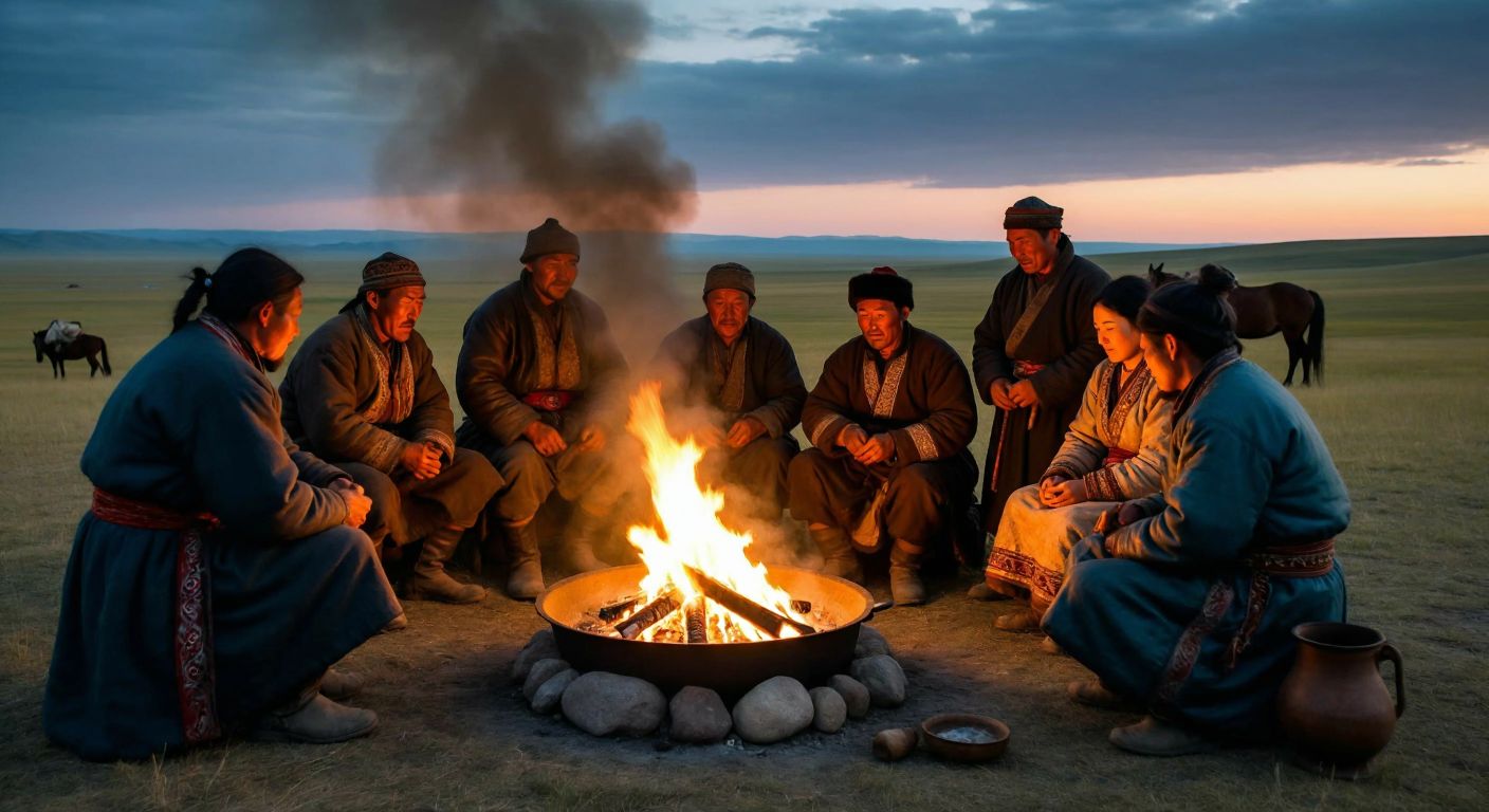 A group of Kazakh nomads in traditional clothing gathers around a large, steaming cauldron over an open fire in a vast grassy steppe, with horses grazing nearby and expressions of communal warmth.