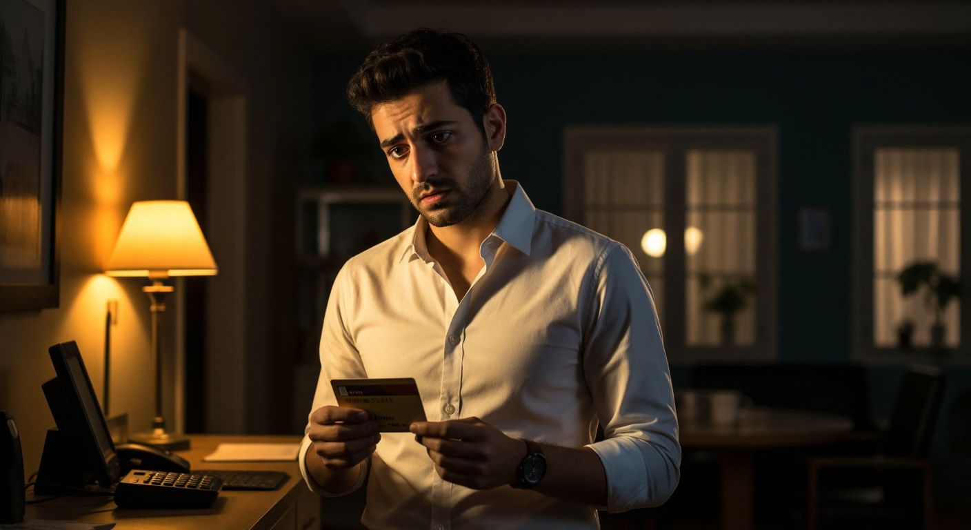 A Turkish man in a business shirt holds a bank card under warm indoor lighting, looking puzzled while a customer service phone glows faintly beside him.