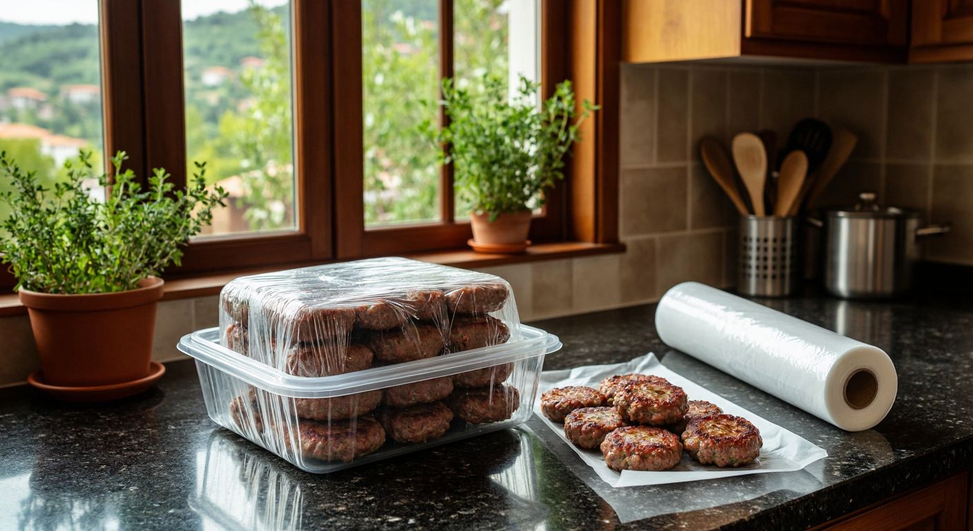 A rustic Turkish kitchen counter with freshly made *köfte* neatly wrapped in clear plastic film and stacked inside an airtight glass container, alongside a roll of freezer bags and a sheet of parchment paper.