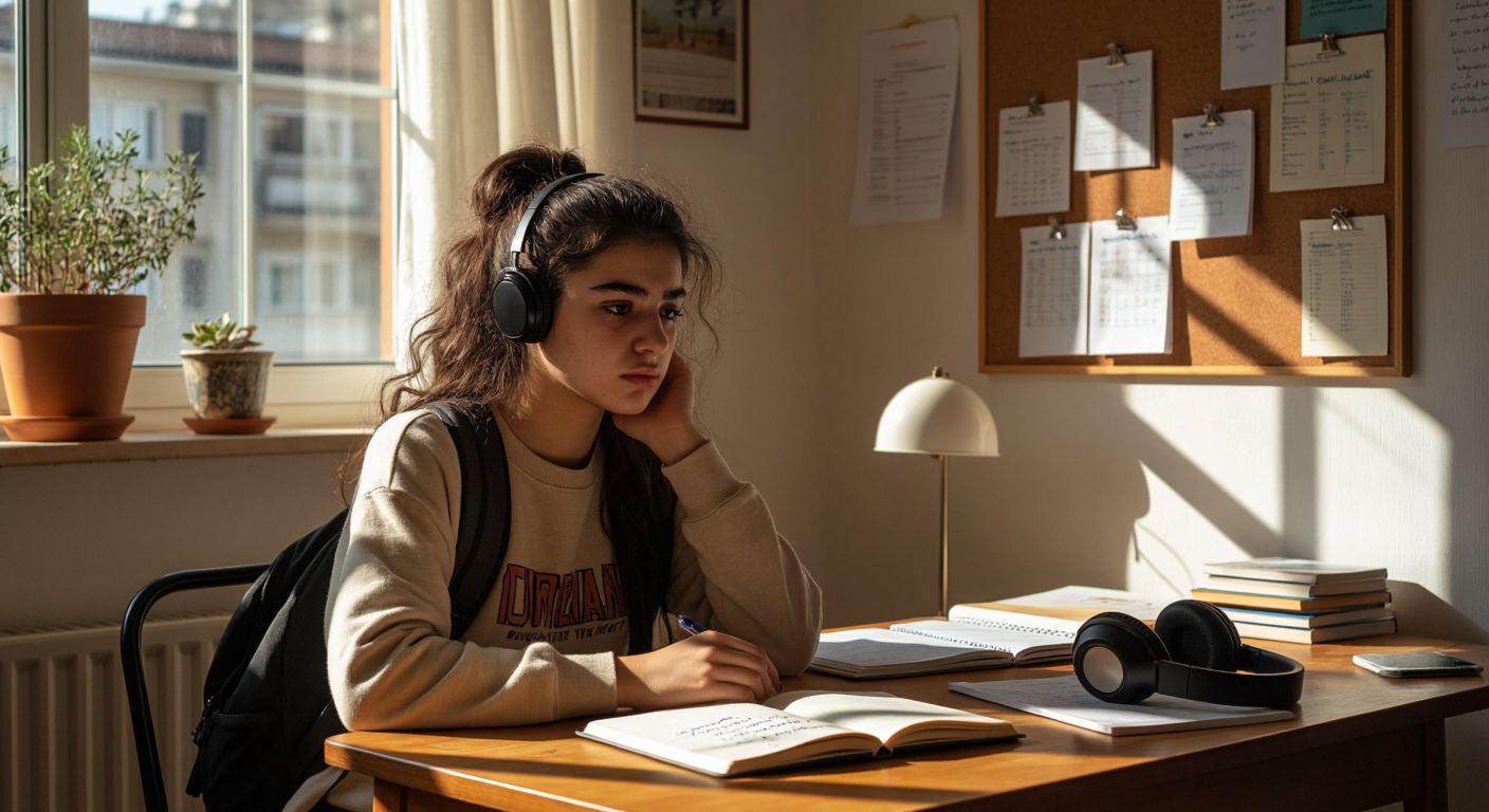A young Turkish student with focused determination sits at a wooden desk, surrounded by English textbooks, a notebook with handwritten notes, and a pair of headphones, while sunlight streams through a window onto a study schedule pinned to a corkboard.