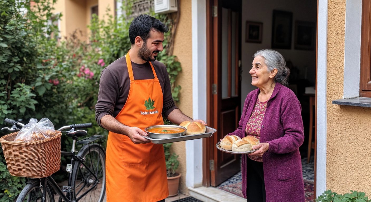 A warm Turkish volunteer in a bright apron carries a steaming tray of home-cooked lentil soup and fresh bread toward an elderly woman smiling at her doorstep, with a bicycle and delivery bag nearby.