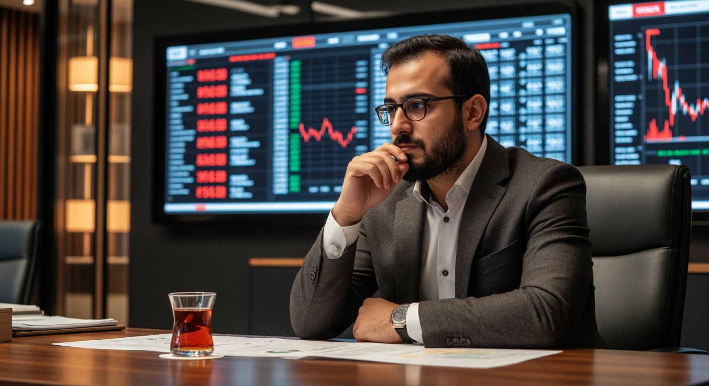 A Turkish investor in a modern office setting thoughtfully compares a secure vault (representing fixed deposits) with a dynamic stock ticker board (representing money market funds), while sipping çay from a tulip-shaped glass.