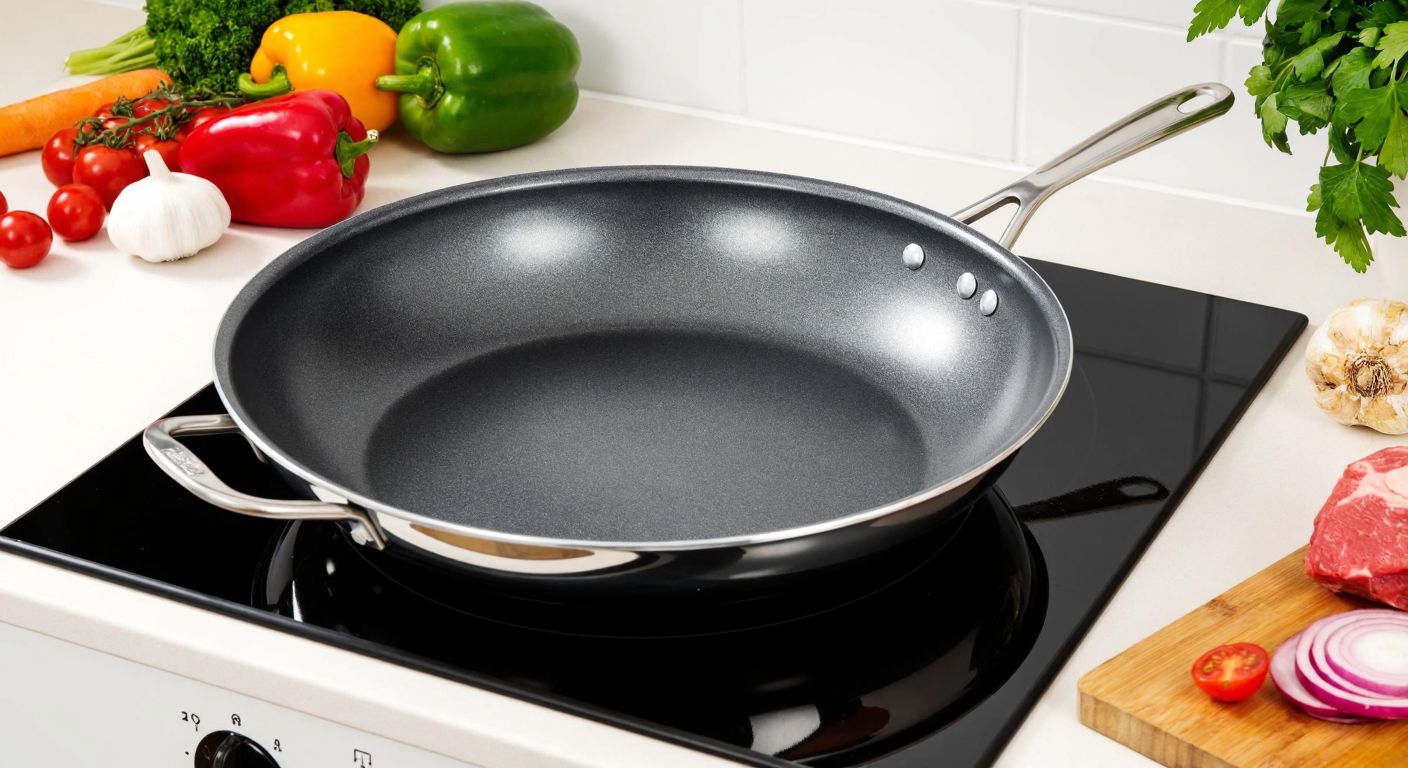 A gleaming, round-bottomed wok pan with a non-stick surface sits on a stove, surrounded by fresh vegetables and sizzling ingredients, evoking the efficiency and quality of Turkish home cooking.