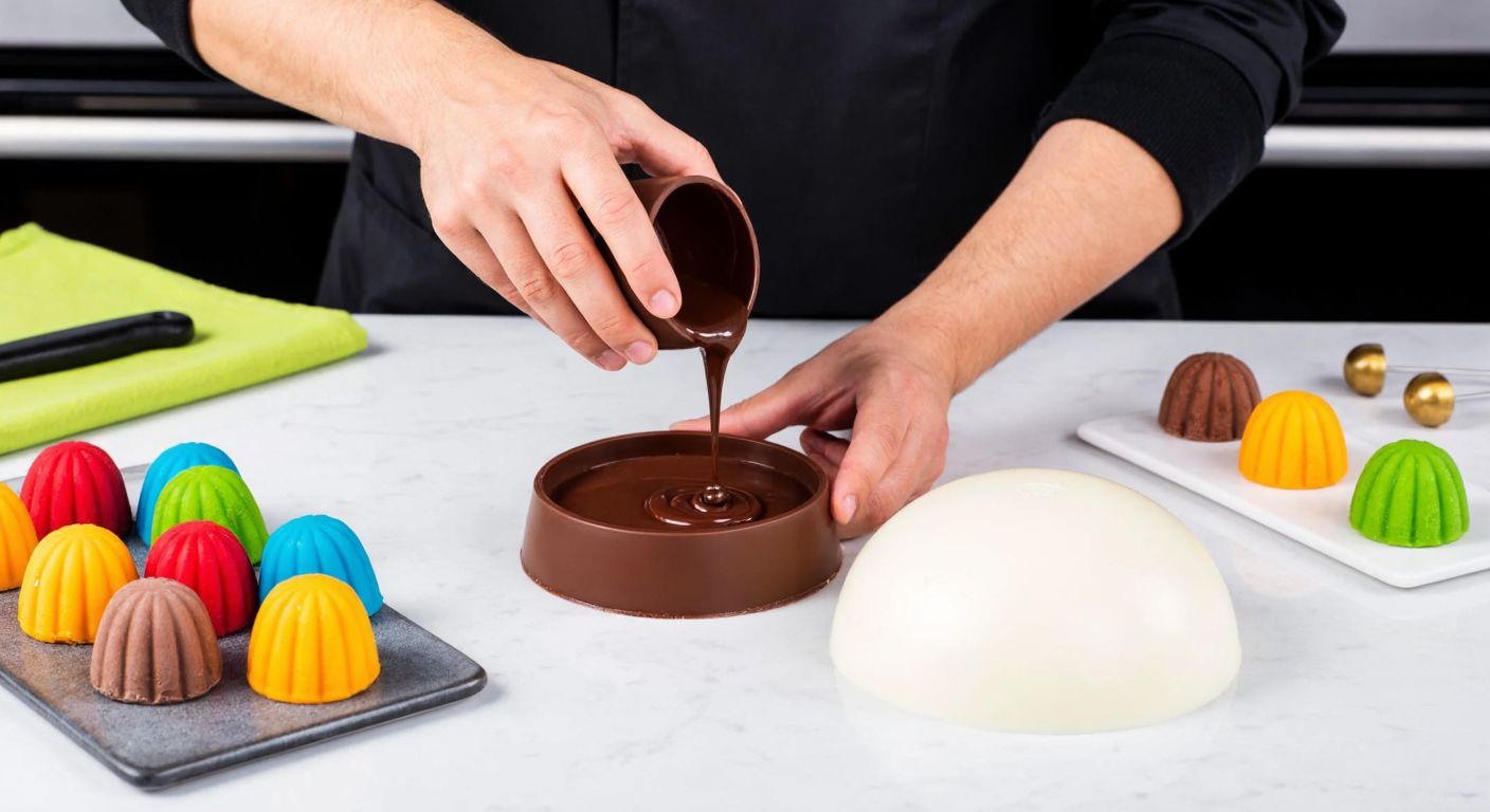A Turkish pastry chef carefully pours melted chocolate into a round dome-shaped silicone mold on a marble countertop, surrounded by colorful decorative toppings and baking tools.