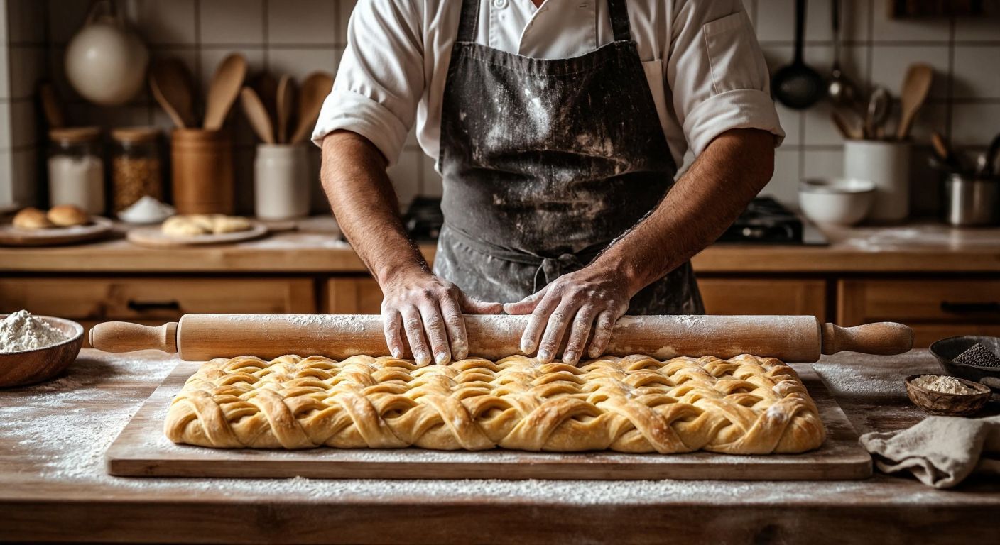A Turkish baker in a flour-dusted apron rolls a textured dough roller over golden pastry, creating intricate woven patterns on a wooden kitchen counter.
