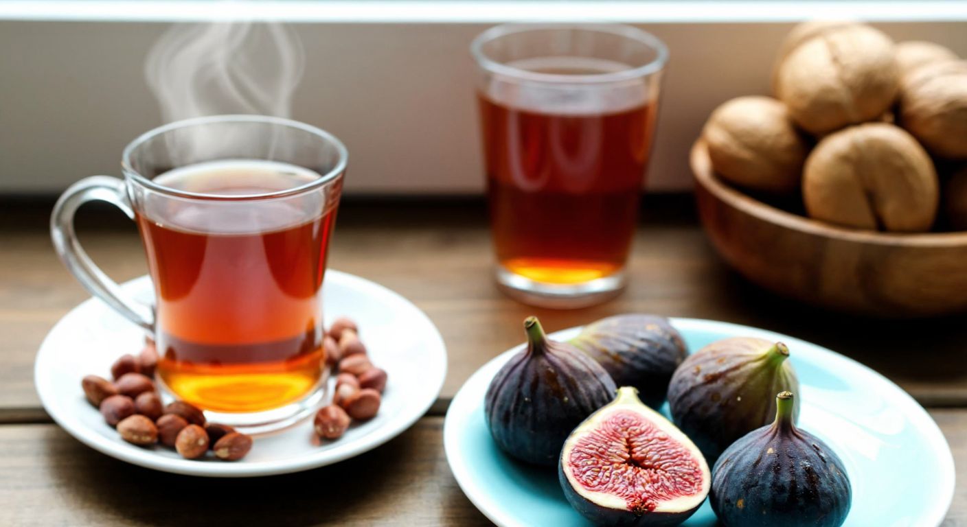 A warm Turkish kitchen with a steaming cup of herbal tea, a plate of fresh figs and nuts, and a glass of water on a wooden table, evoking comfort and healthy alternatives to sweets.