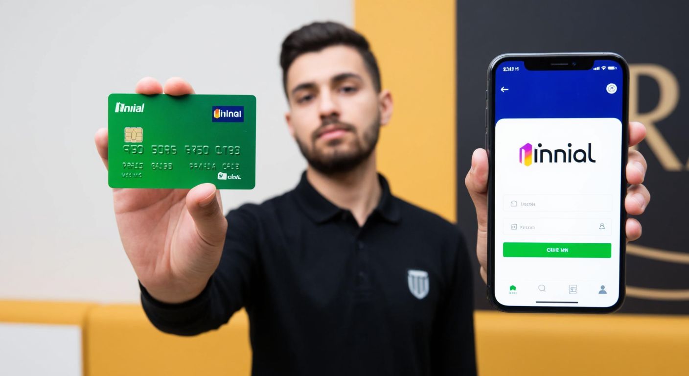 A person in Turkey holds up a green Ininal prepaid card with a thoughtful expression, standing near a smartphone displaying the Ininal app interface.