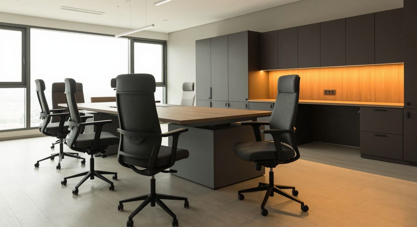 A modern office space in Turkey with sleek Bürotime furniture, including ergonomic chairs and a minimalist desk, under warm lighting, conveying professionalism and quality craftsmanship.