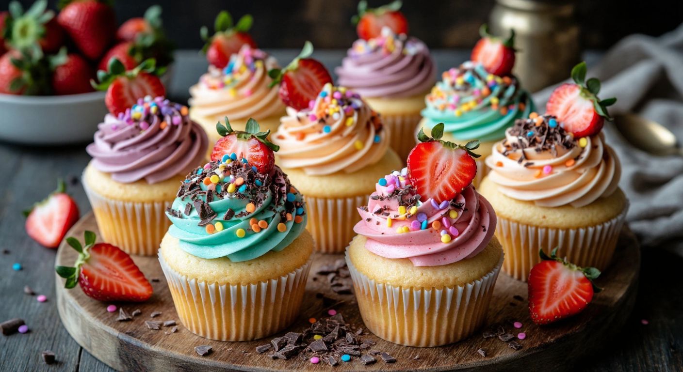 A vibrant array of cupcakes topped with swirls of pastel-colored cream, rainbow sprinkles, chocolate shavings, and fresh strawberry slices, arranged on a rustic wooden table in a cozy Turkish kitchen.