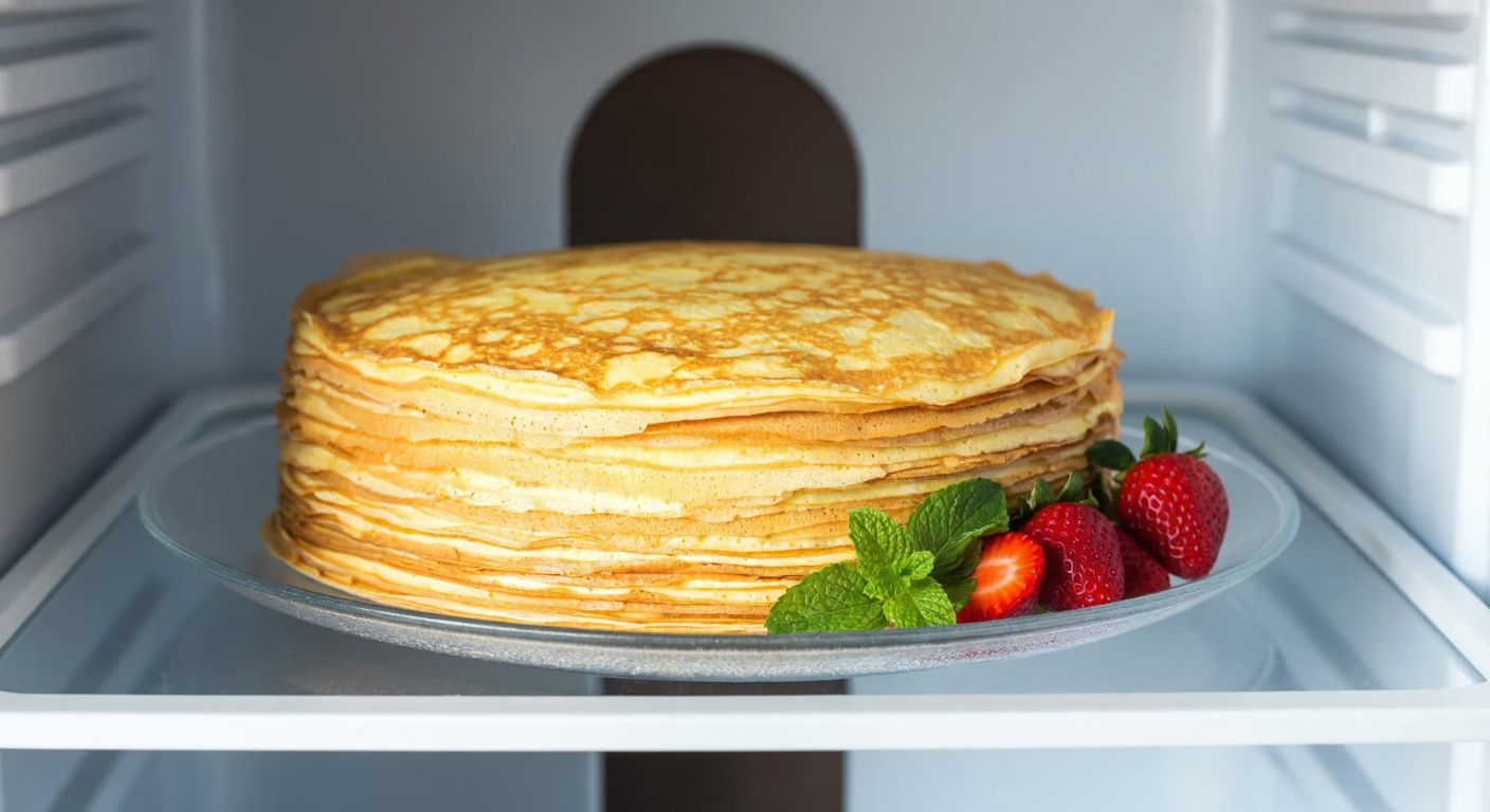 A golden, layered crepe cake sits on a chilled glass plate inside a Turkish refrigerator, with fresh strawberries and mint leaves placed neatly beside it.
