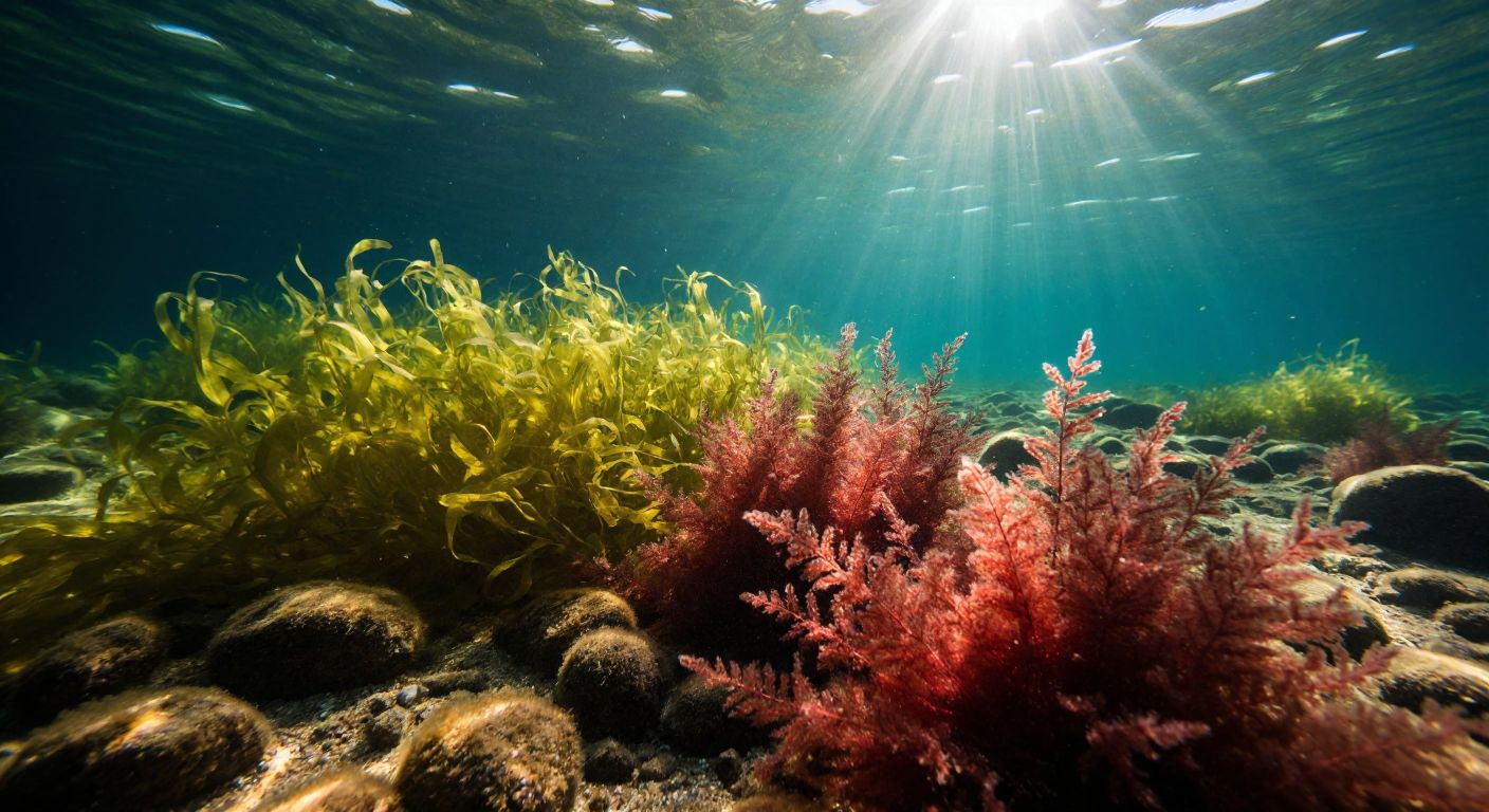 A vibrant underwater scene in a Turkish lake, with clusters of green, brown, and red algae swaying gently among sunlight filtering through the water, while tiny diatoms glisten like scattered glass beads.