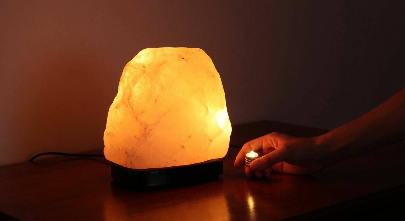 A warm, glowing Himalayan salt lamp with a soft orange light sits on a wooden table, its rough-hewn surface casting gentle shadows, while a hand carefully holds a small incandescent bulb nearby.