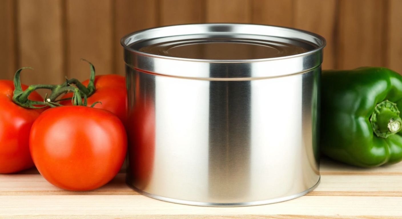 A shiny metal can with a smooth, protective inner coating, placed beside fresh tomatoes and peppers, symbolizing food preservation in a Turkish kitchen.