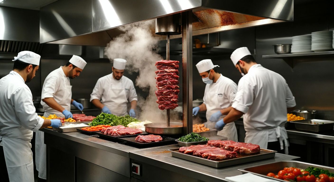 A bustling Turkish kitchen with a stainless steel döner counter, measuring roughly 60 cm deep and 90 cm tall, surrounded by chefs in white aprons preparing fresh meat and vegetables, with warm steam rising from the rotating skewer.