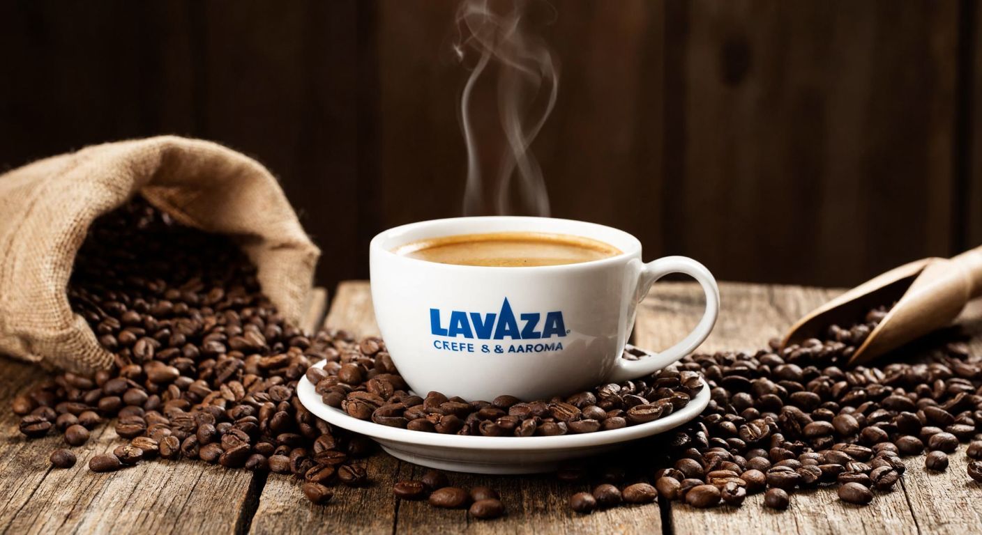 A warm, rustic Turkish coffeehouse scene with a steaming cup of Lavazza Crema & Aroma coffee on a wooden table, surrounded by freshly roasted Arabica and Robusta beans spilling from a burlap sack, evoking rich aroma and comfort.