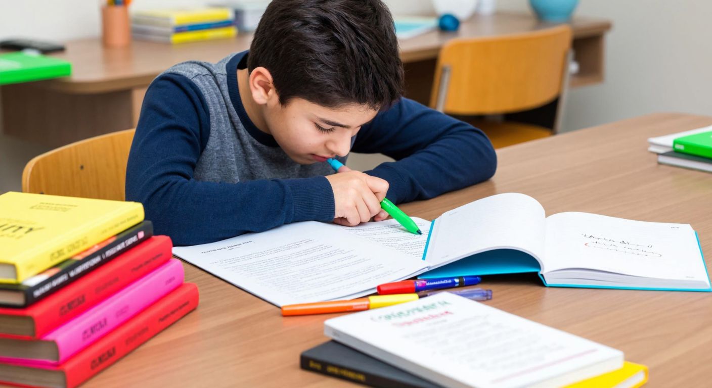 A young Turkish student sits at a wooden desk, intently studying a stack of printed exam papers with colorful highlighters and a notebook open to handwritten notes, surrounded by textbooks on child development.