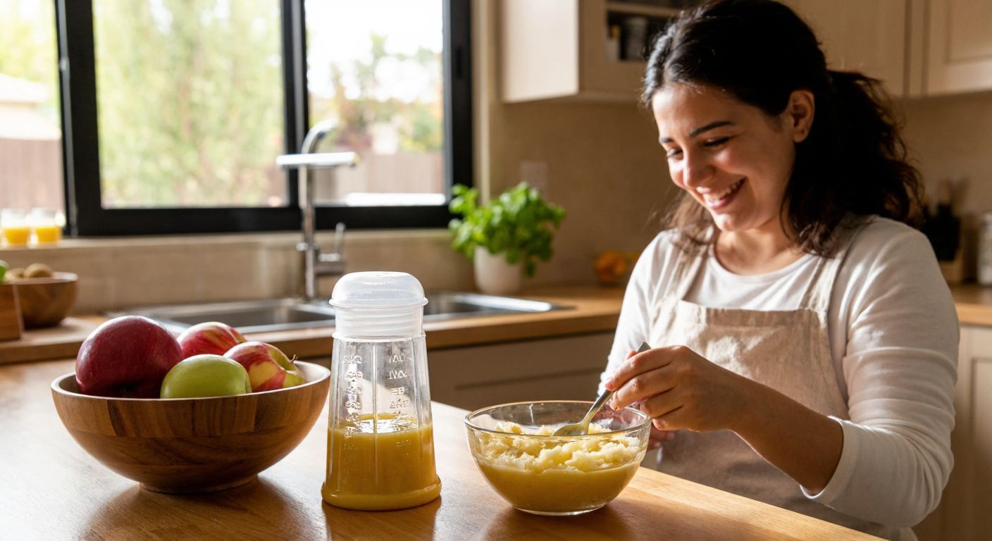 A clear glass grater sits on a wooden kitchen counter, with a bowl of freshly grated apples beside it, while a smiling mother in a cozy Turkish home gently feeds a happy baby with a spoonful of smooth fruit puree.