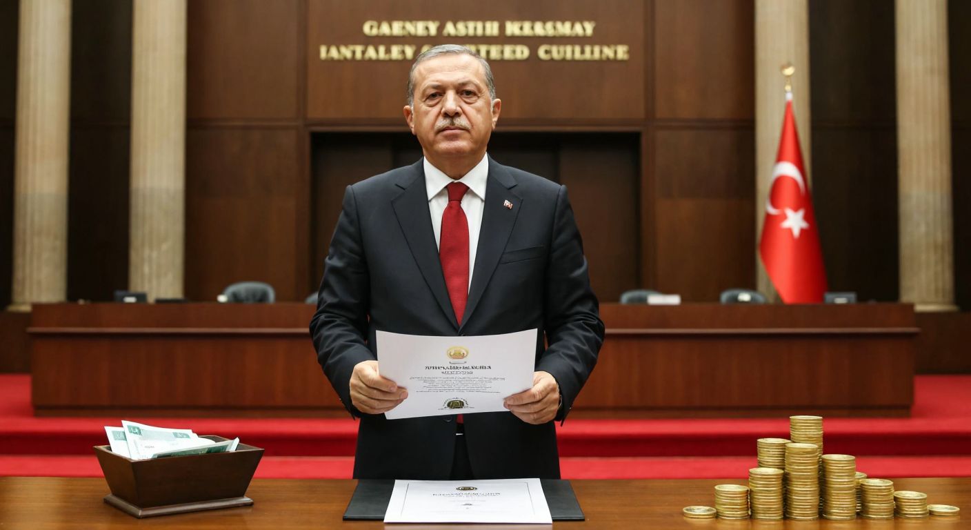 A solemn Turkish government official in a formal suit stands in front of the Grand National Assembly building, holding a document with a serious expression, while a stack of gold coins and investment fund certificates rests on a wooden table beside him, symbolizing the tax increase.