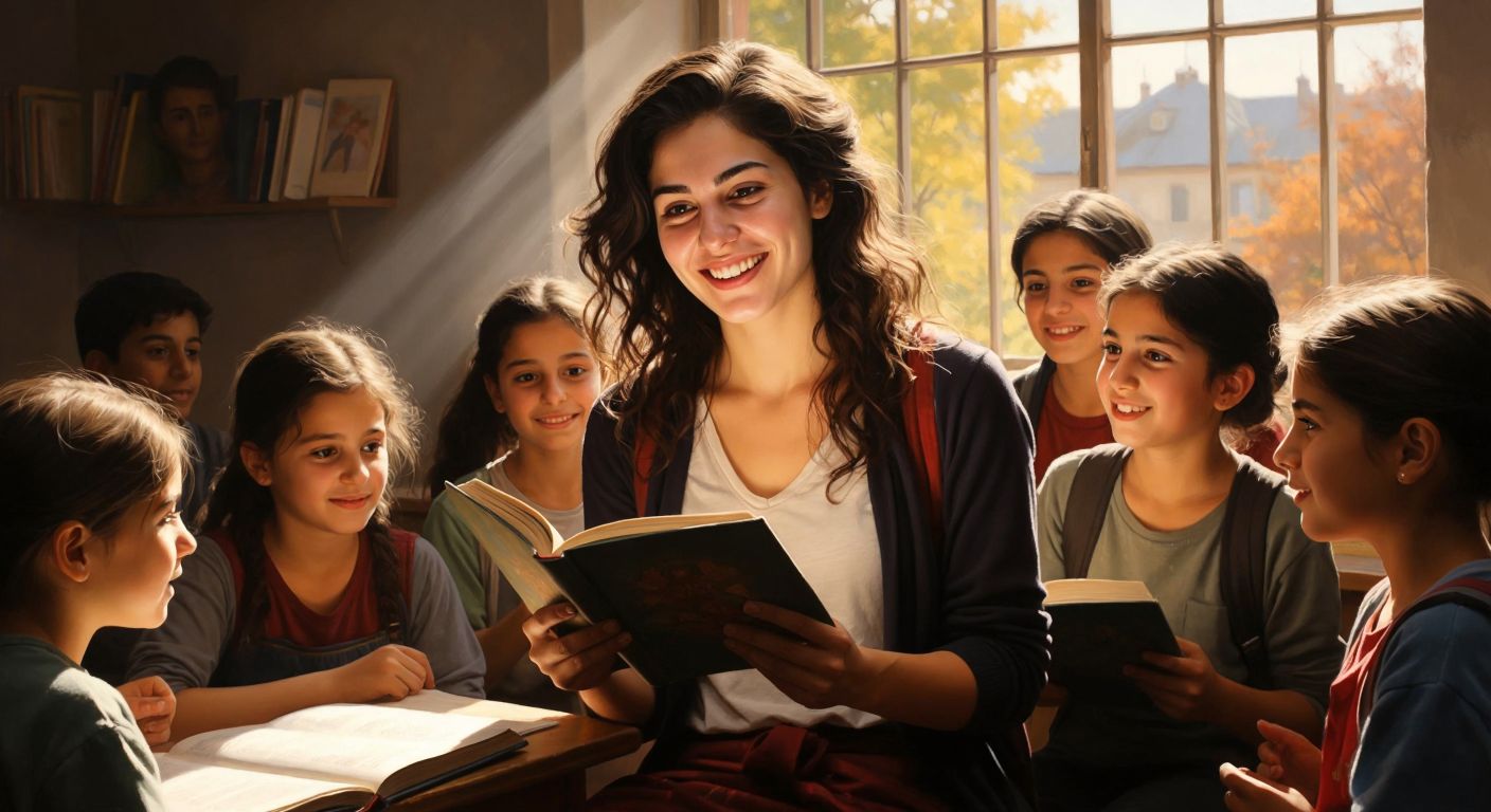 A young Turkish teacher with a warm smile reads aloud from a book in a sunlit classroom, surrounded by attentive students whose faces reflect focus and understanding.