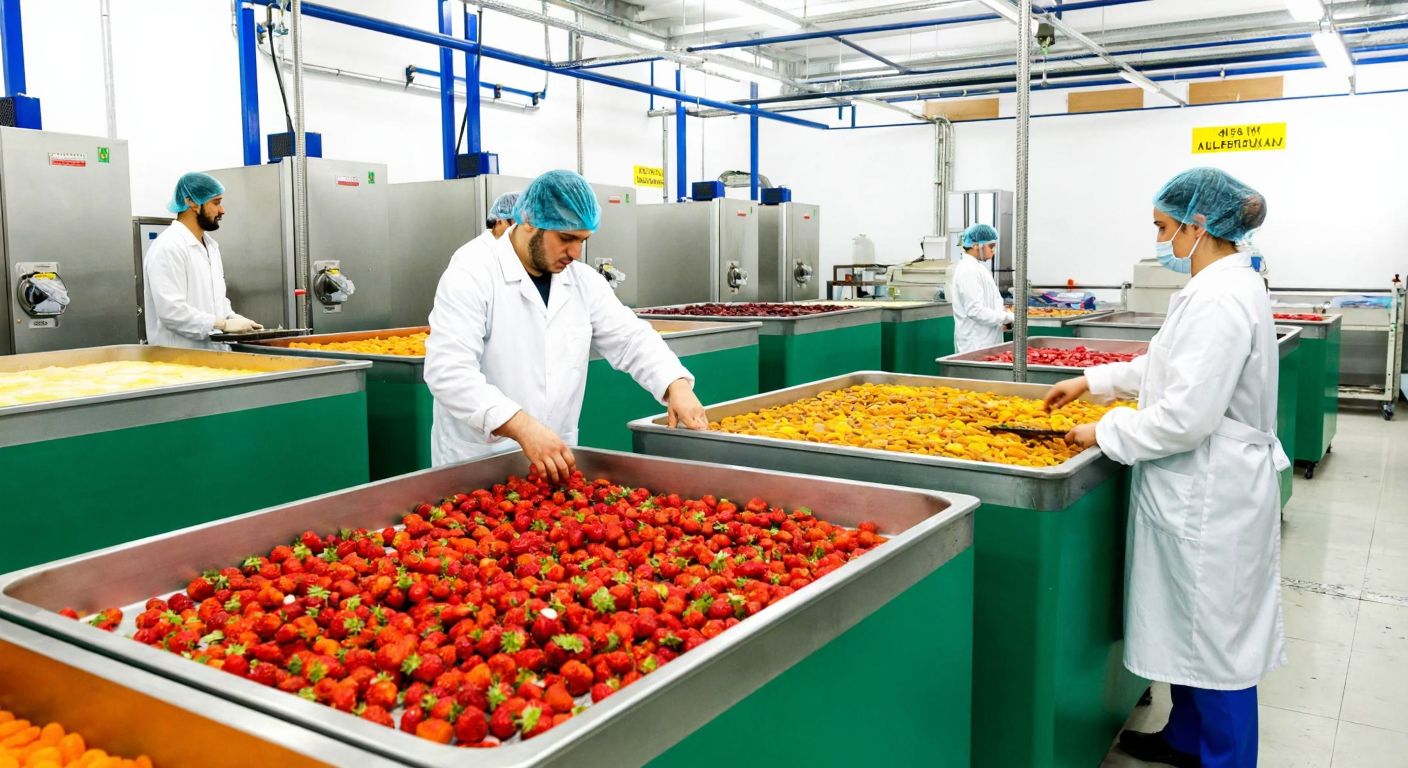 A vibrant Turkish factory interior with workers in hairnets and white coats carefully placing trays of colorful freeze-dried fruits like strawberries and apricots into large drying machines.