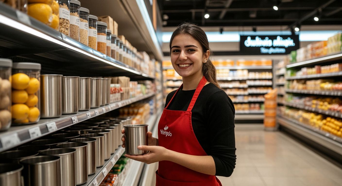 A bright, modern Turkish supermarket aisle with neatly stacked Tchibo stainless steel mugs on a shelf, a smiling shop assistant in a Migros uniform nearby, and warm lighting reflecting off the polished surfaces.