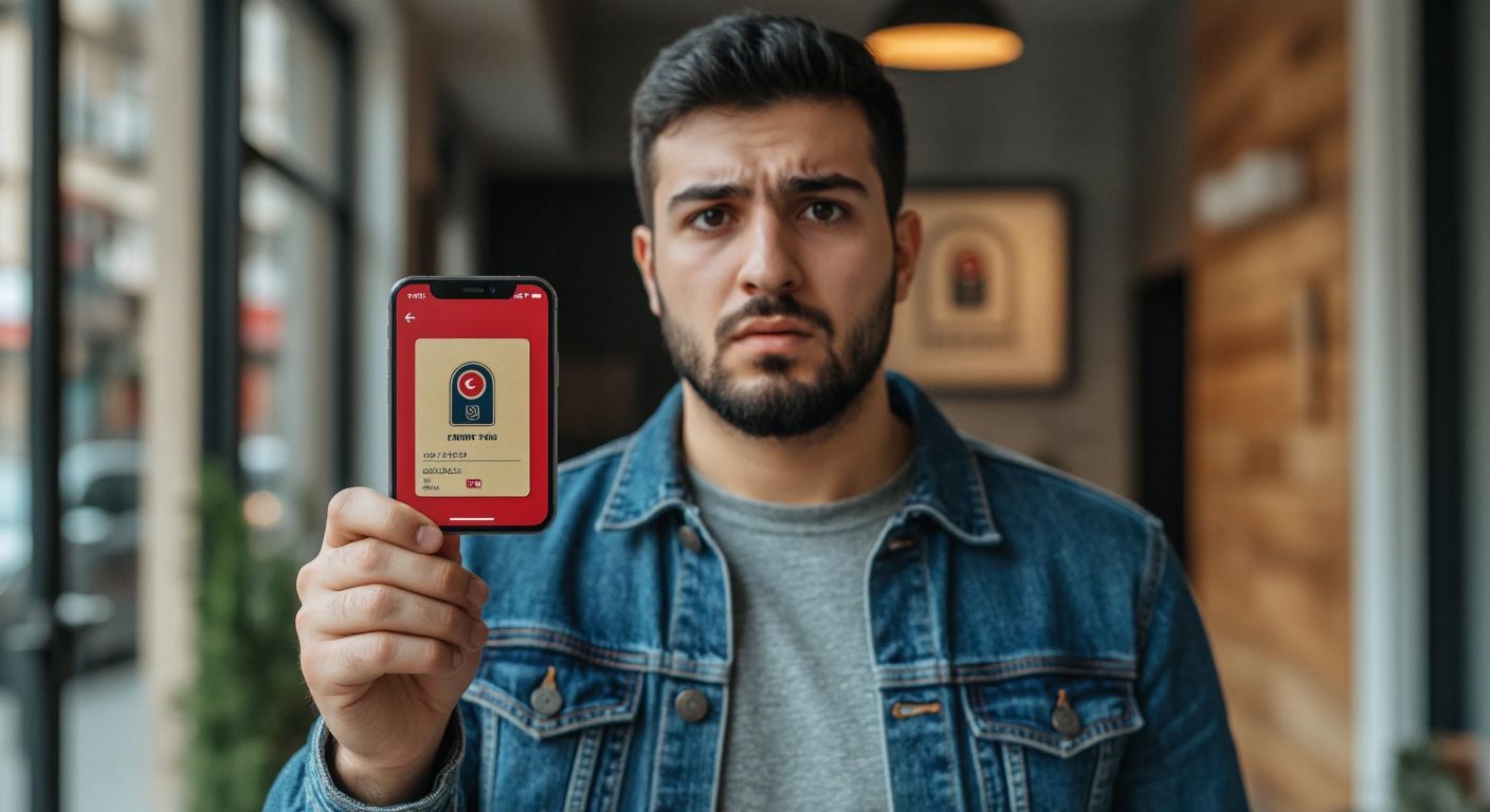 A Turkish man in casual attire holds up his national ID card with a concerned expression, standing in front of a smartphone displaying a secure payment app interface with a blurred-out logo.