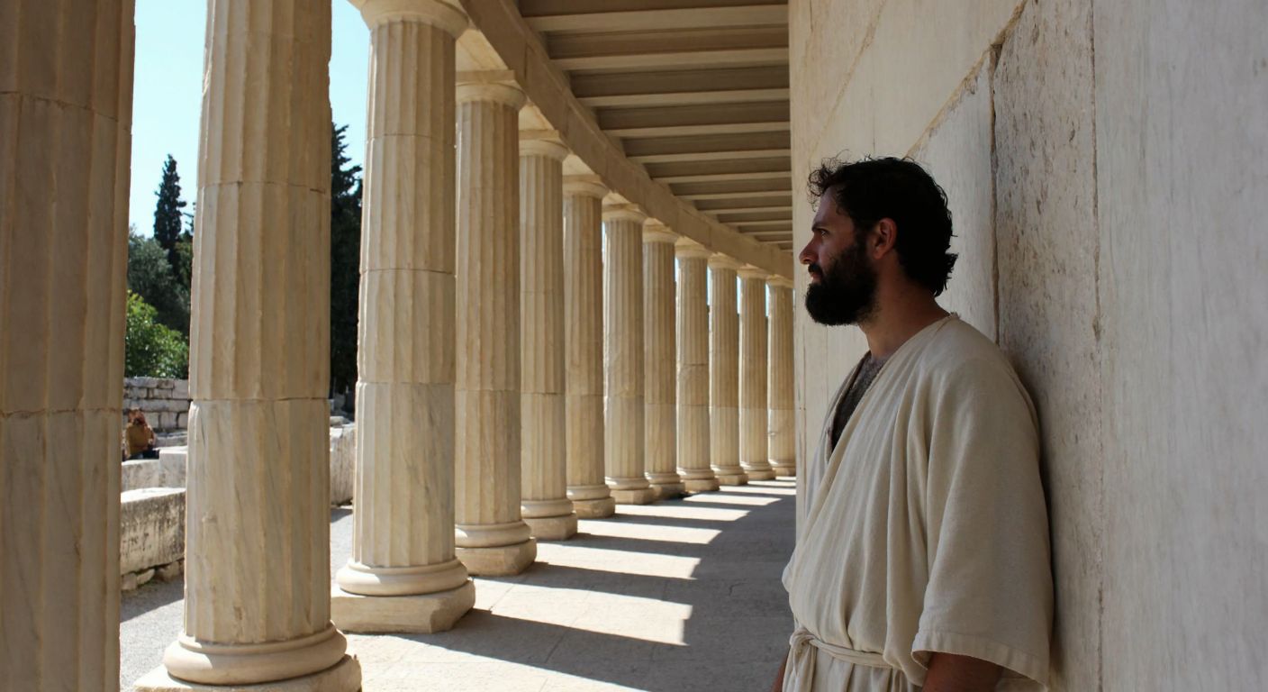A bearded man in a simple white robe stands thoughtfully under the marble columns of an ancient Greek stoa, with sunlight filtering through the arches.