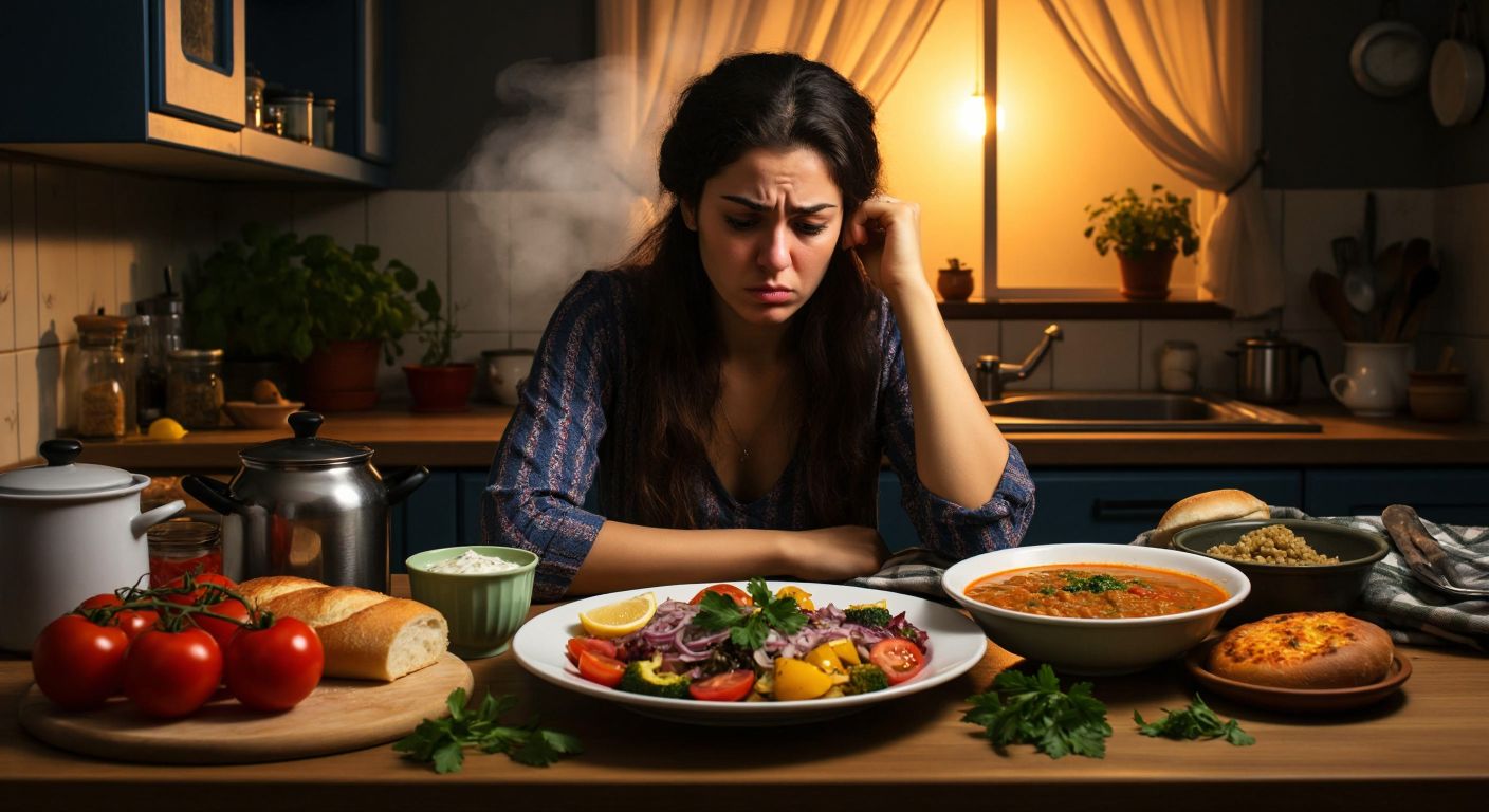 A frustrated Turkish woman in a kitchen gazes at a plate of colorful, balanced food while resisting the urge to skip lunch, with a steaming bowl of lentil soup and fresh bread nearby.
