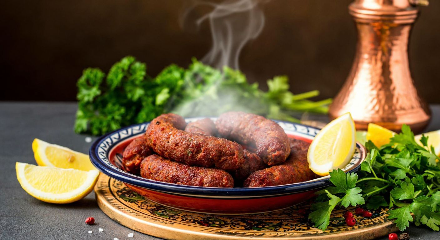 A steaming plate of juicy, spiced sucuk köfte resting on a traditional Turkish ceramic plate, surrounded by fresh parsley and lemon wedges, with a warm, golden glow from a nearby copper lantern.