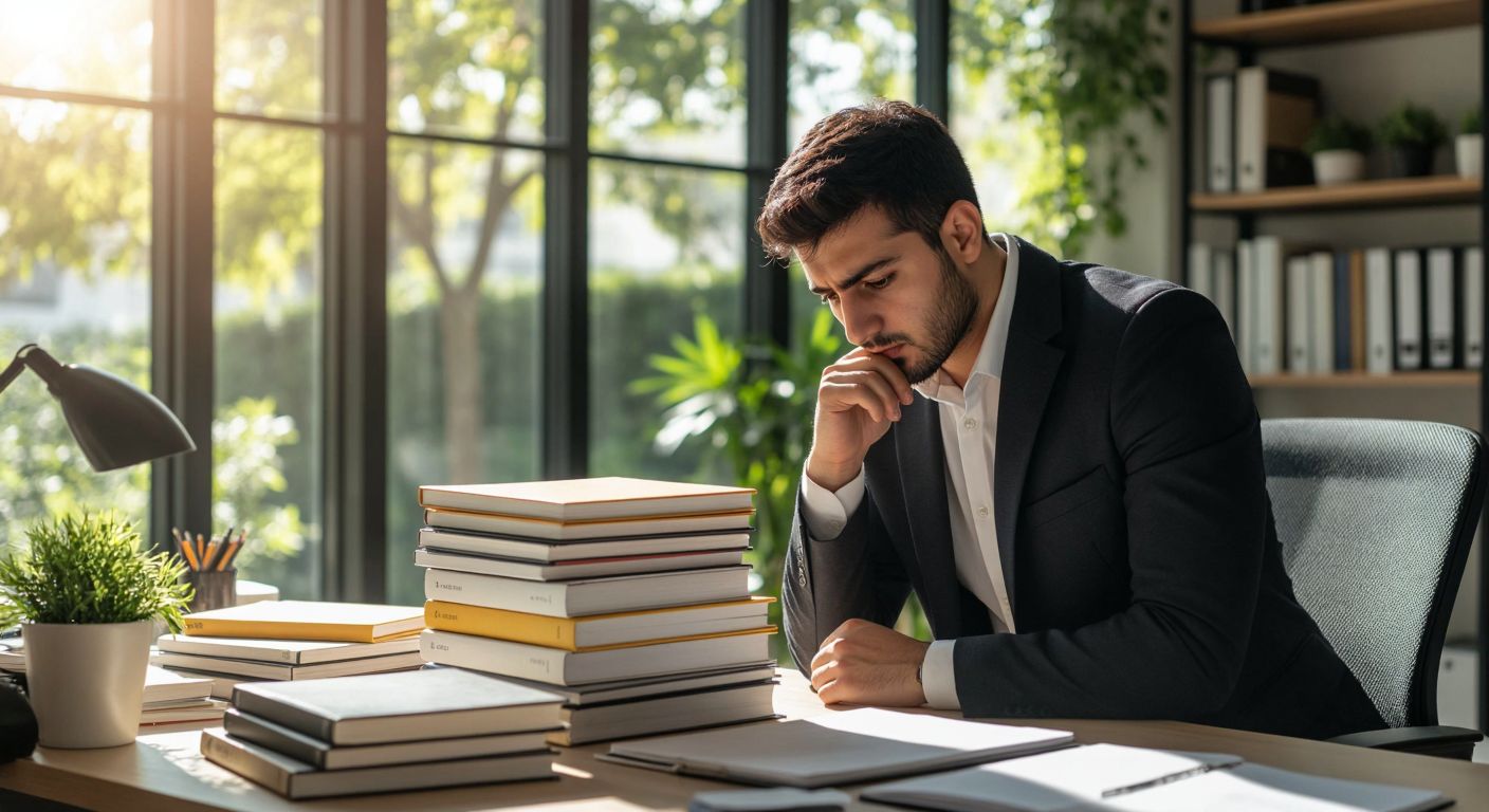 A neatly stacked pile of academic and exam preparation books on workplace safety, with a Turkish man in professional attire thoughtfully examining one, set against a backdrop of a well-organized study desk in a sunlit Ankara office.