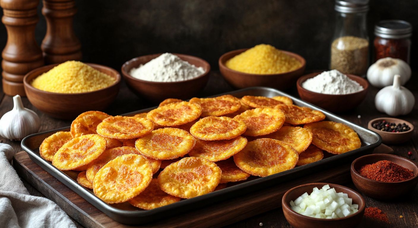 A warm Turkish kitchen with golden-brown corn chips freshly baked on a tray, surrounded by bowls of cornmeal, flour, chopped onions, garlic, and spices, evoking a cozy, homemade cooking atmosphere.