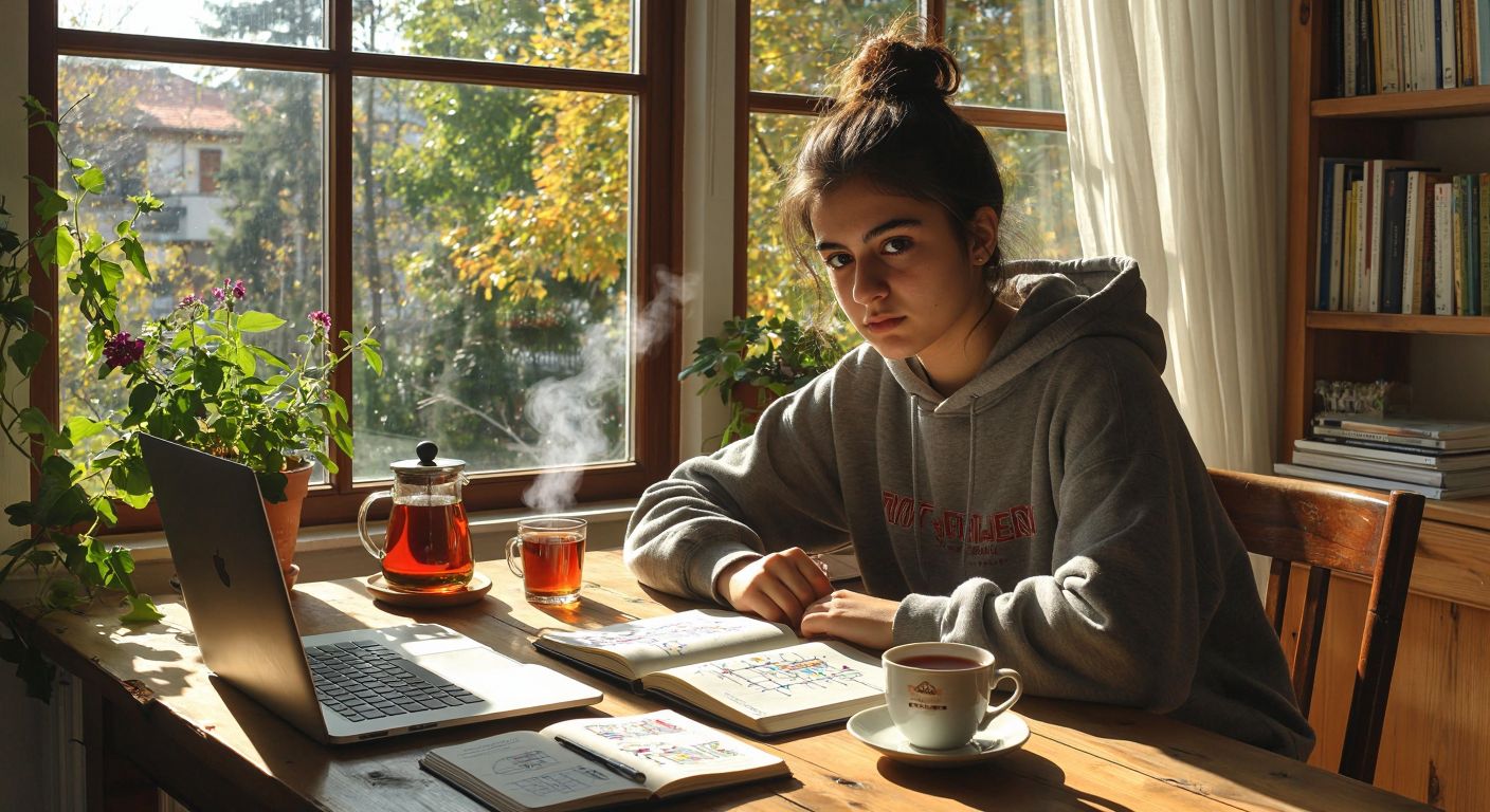 A young Turkish student with focused eyes sits at a wooden desk in a sunlit room, surrounded by open notebooks with hand-drawn diagrams of data structures, a steaming cup of çay, and a laptop displaying colorful code snippets.