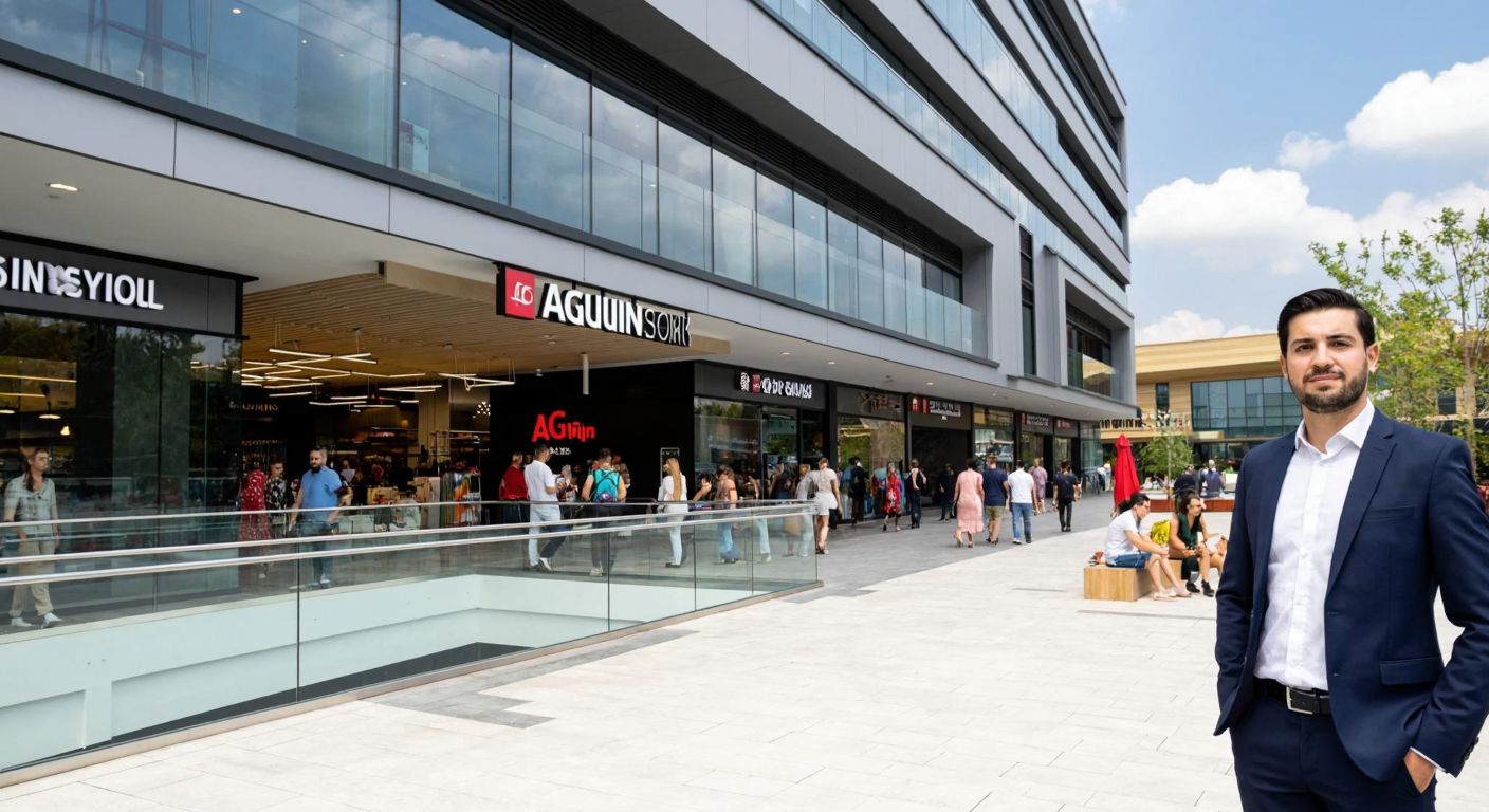 A modern shopping mall in Sakarya with a sleek glass facade, bustling with shoppers, while a well-dressed Turkish businessman in a suit stands confidently in front, symbolizing Akgün Group's ownership.