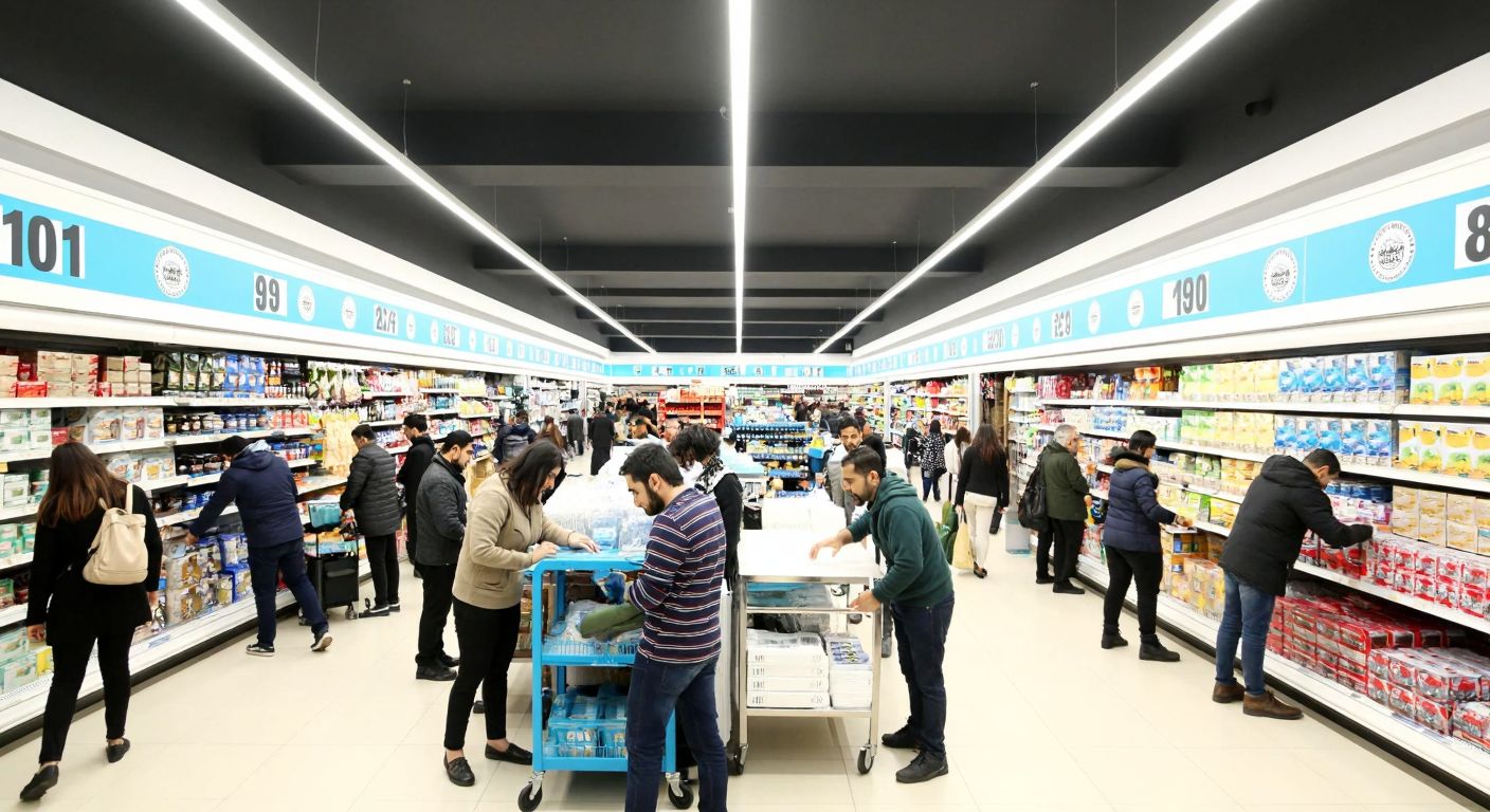 A bustling A101 supermarket aisle in Turkey, filled with shoppers excitedly examining discounted electronics, furniture, and household goods under bright fluorescent lights.