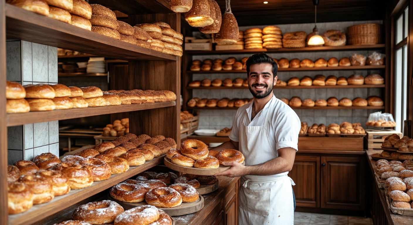 A warm bakery in İzmir with golden-brown pastries displayed in wooden shelves, a smiling baker in a white apron arranging fresh simit, and the scent of baked goods filling the air.