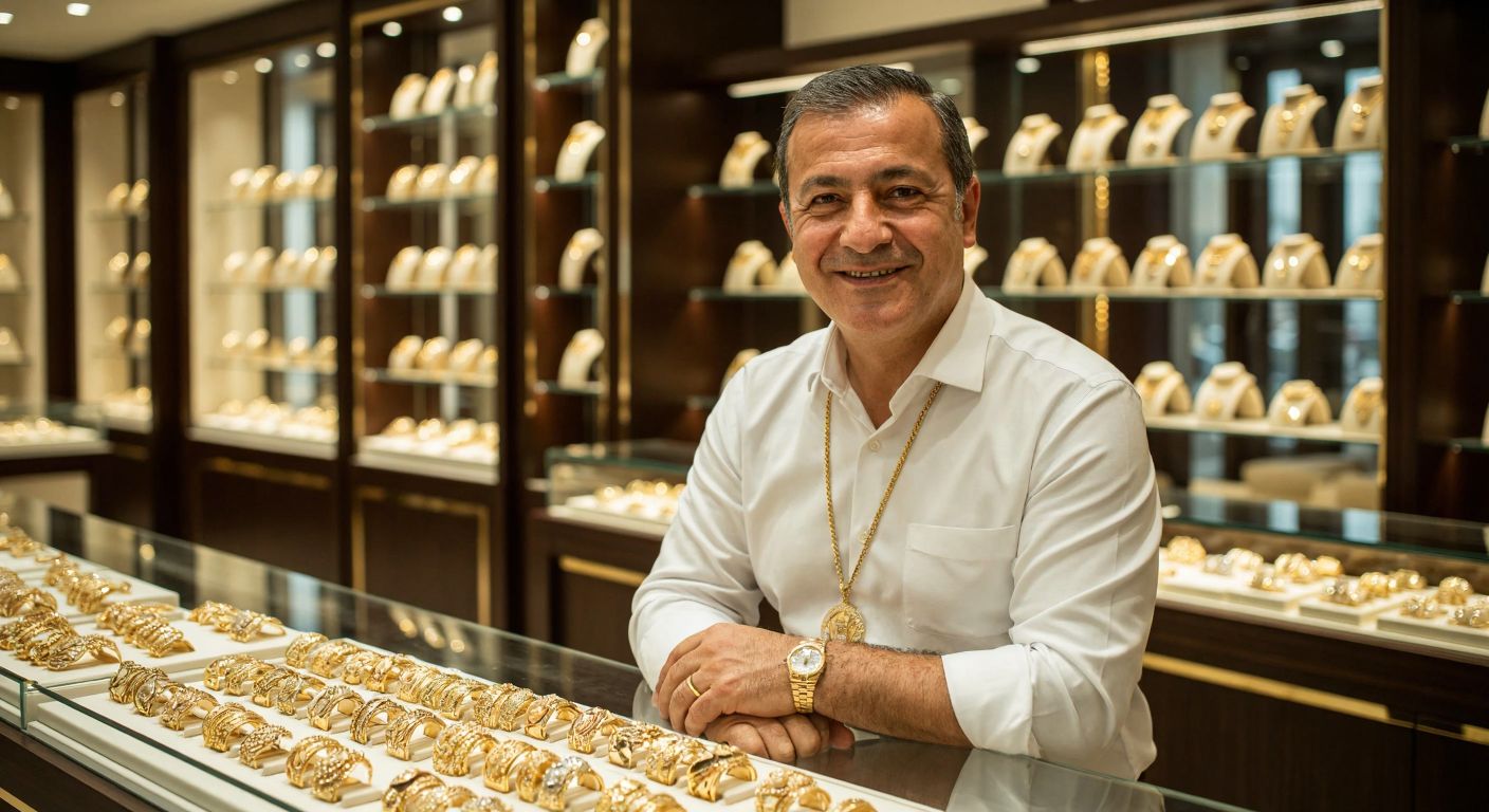 A dignified middle-aged Turkish man with a warm smile, wearing a crisp white shirt and a gold chain, stands proudly behind a glass jewelry counter filled with intricately designed gold rings and bracelets in a warmly lit boutique.