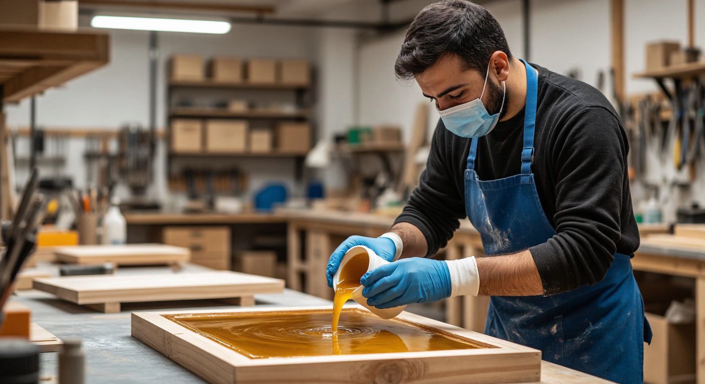 A focused Turkish artisan wearing gloves and a mask carefully pours glossy epoxy resin into a wooden mold in a well-lit workshop, surrounded by neatly arranged tools and protective gear.