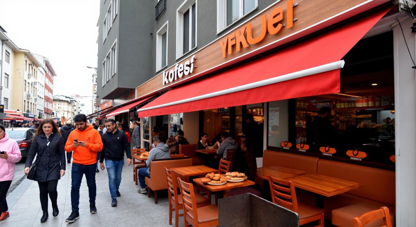 A bustling Istanbul street with people walking past a vibrant Köfteci Yusuf restaurant, its red-and-white awning shading a steaming plate of köfte and fresh bread, while a person checks a smartphone nearby.