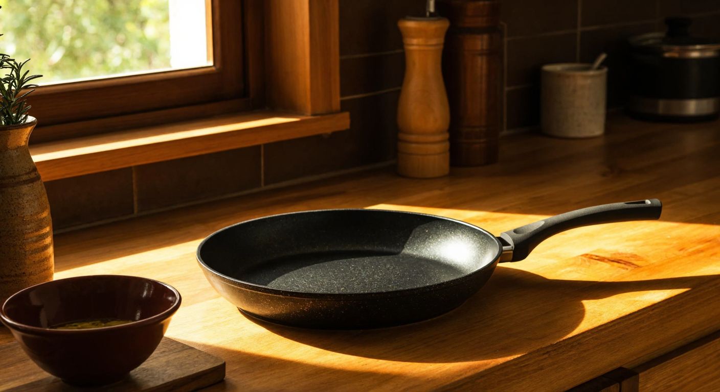 A sleek black **granite cast** frying pan set (Taç Triton) resting on a rustic wooden kitchen counter in Turkey, with warm sunlight streaming through a window and a traditional ceramic bowl of olive oil nearby.