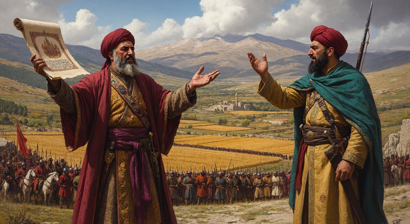 A weathered Ottoman soldier in traditional garb stands beside a Seljuk-era official, both gesturing toward contrasting scrolls—one depicting a vast farmland with soldiers training (ikta) and the other showing a grand estate gifted to a warrior (tımar)—against a backdrop of Anatolian hills.