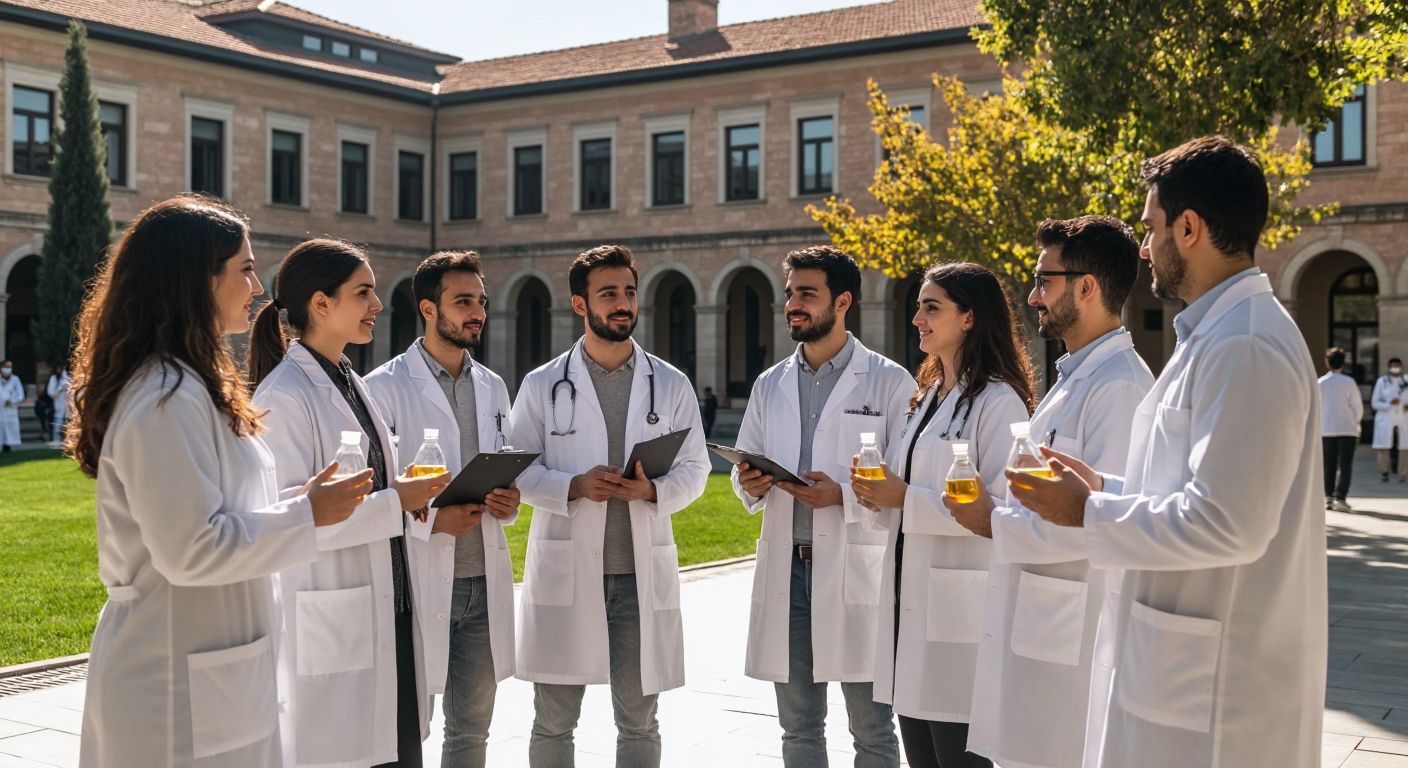 A group of diverse scientists in white lab coats standing together in a sunlit university courtyard in Turkey, nodding in agreement while holding beakers and notebooks, with a backdrop of a historic Anatolian-style academic building.
