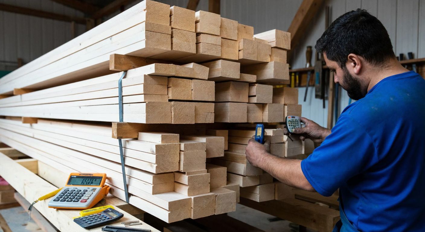 A stack of neatly arranged wooden beams in a Turkish carpentry workshop, with a craftsman measuring one beam and a calculator nearby.