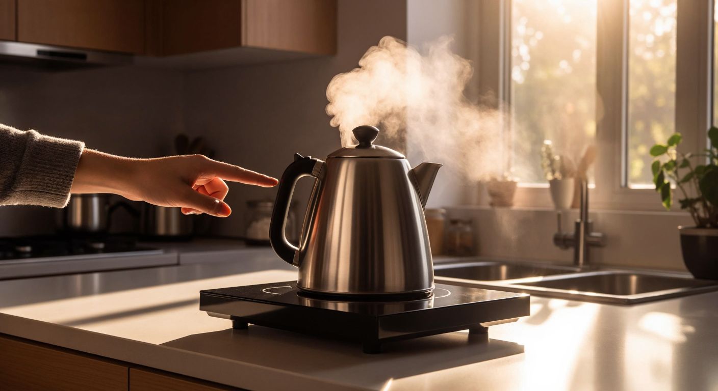 A modern stainless steel kettle sits on a sleek black base in a Turkish kitchen, with steam rising as a hand presses a glowing button, while morning sunlight streams through the window.