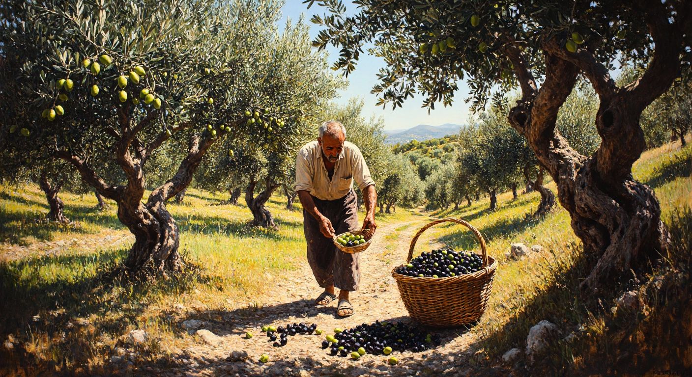 A sunlit olive grove in Bodrum, with gnarled olive trees bearing plump green and black fruits, while a weathered Turkish farmer carefully harvests them into a woven basket, surrounded by the Aegean’s coastal breeze.